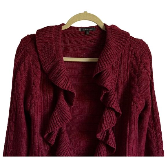 Anne Klein Burgundy Ruffled Open Cardigan Y2K Cropped Metallic Womens M Cozy - Picture 2 of 5